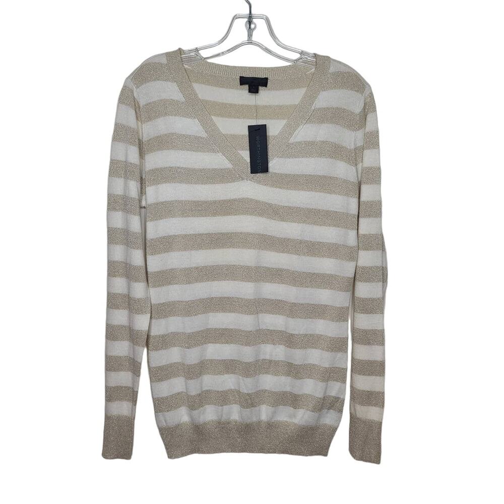 NWT Worthington lightweight metallic gold white v-neck sweater - medium